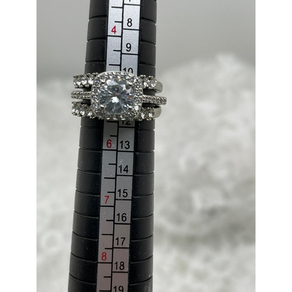 Square Halo Round Cut Faux Diamond Ring & Stacked Ring Set Silver 925- 3 Rings - Picture 8 of 11